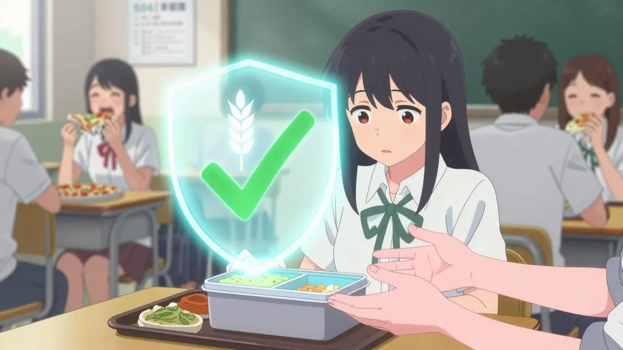 A teen hesitates at school lunch, protected by a glowing gluten-free shield, surrounded by peers eating regular food.