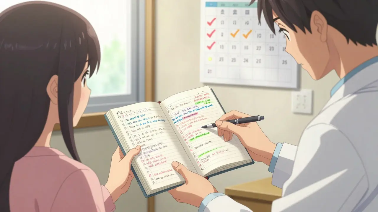 A woman giving her medication log to a doctor in a sunlit clinic, symbolizing trust and safety.