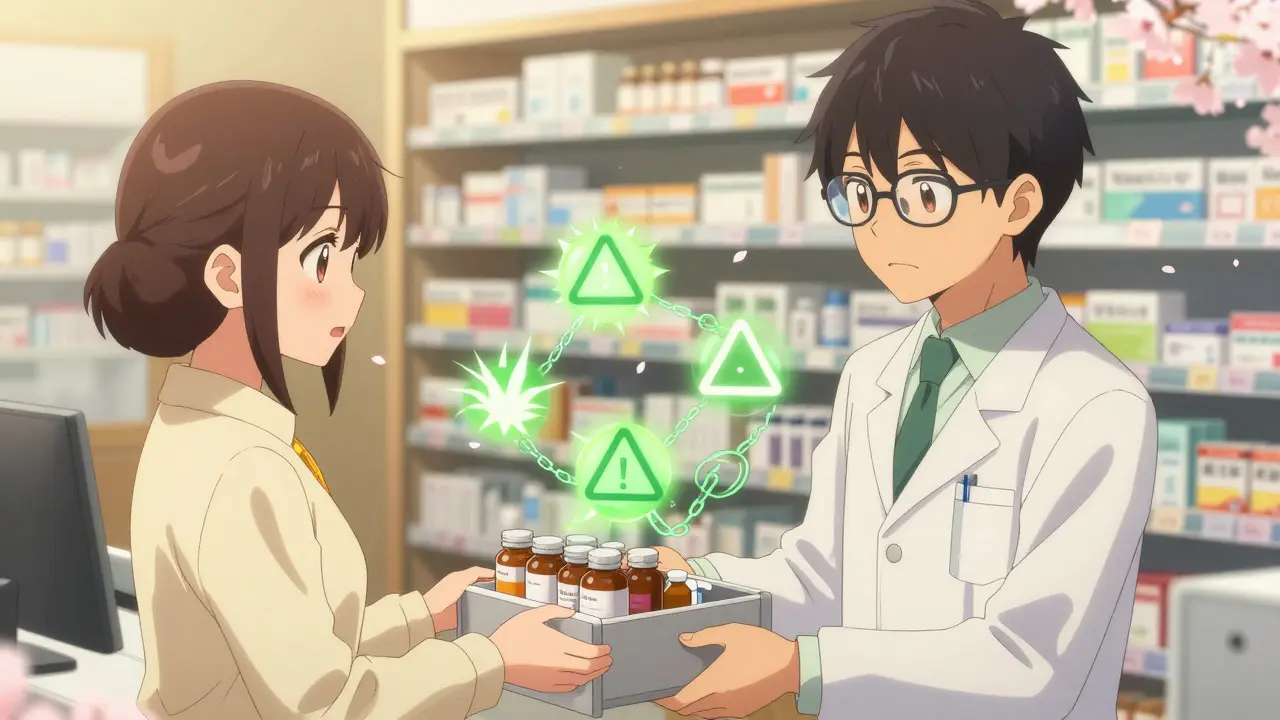 A woman hands supplement bottles to a pharmacist at a cozy pharmacy counter, glowing interaction icons floating between them.