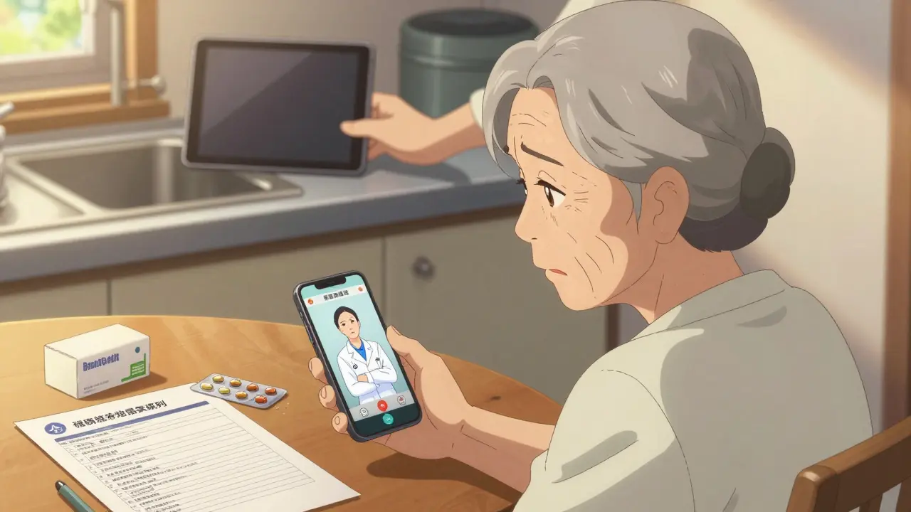 An elderly woman uses a smartphone for a video call with a nurse, holding generic pills and a printed guide.