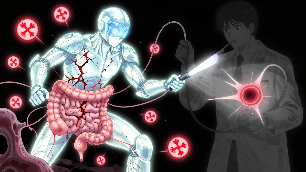An immune warrior attacking inflamed intestines with glowing markers, in dramatic shoujo manga battle style.