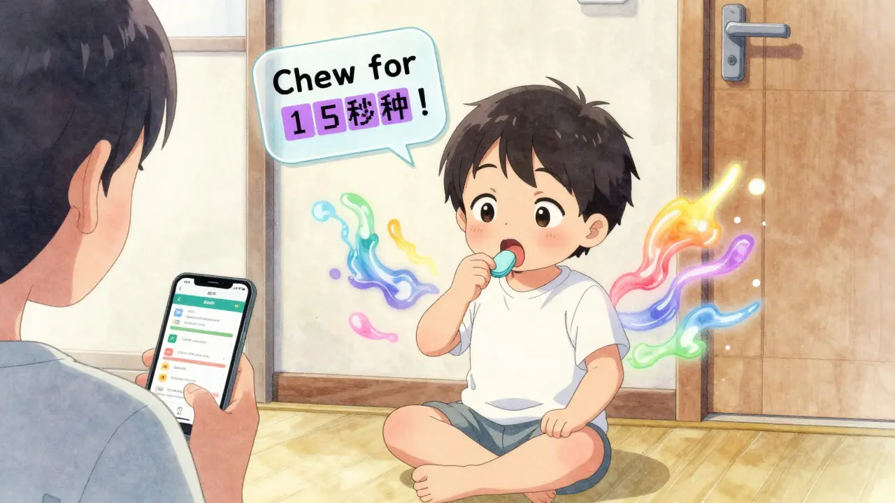 Child chewing a tablet with colorful energy waves and a floating 15-second timer glowing in anime style.