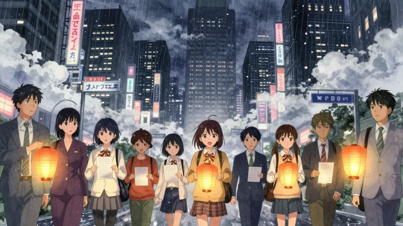 Citizens carry glowing petitions through a stormy city, fighting shadows of corporate giants swallowing safety signs.