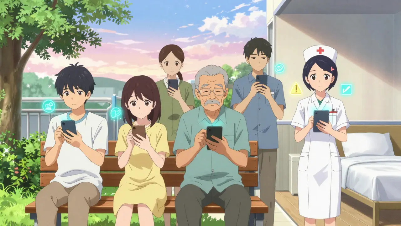 Diverse individuals submit drug reaction reports in everyday settings, with glowing warning symbols floating around them.