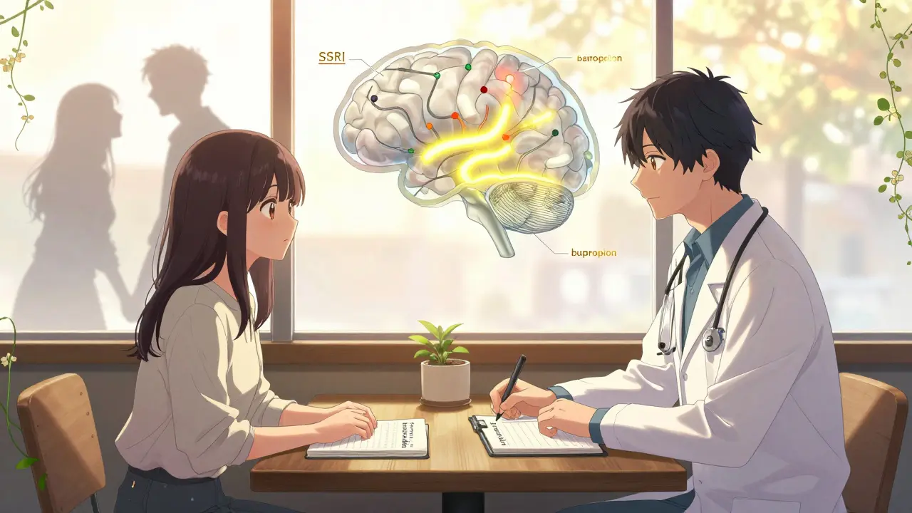 Doctor and patient at a café with a glowing brain diagram above them, symbols of mood and intimacy floating in the background.