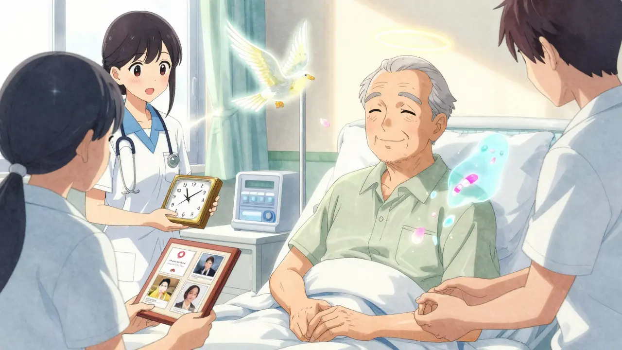Elderly man smiling as volunteers bring familiar objects and light, with dissolving pills turning into petals.