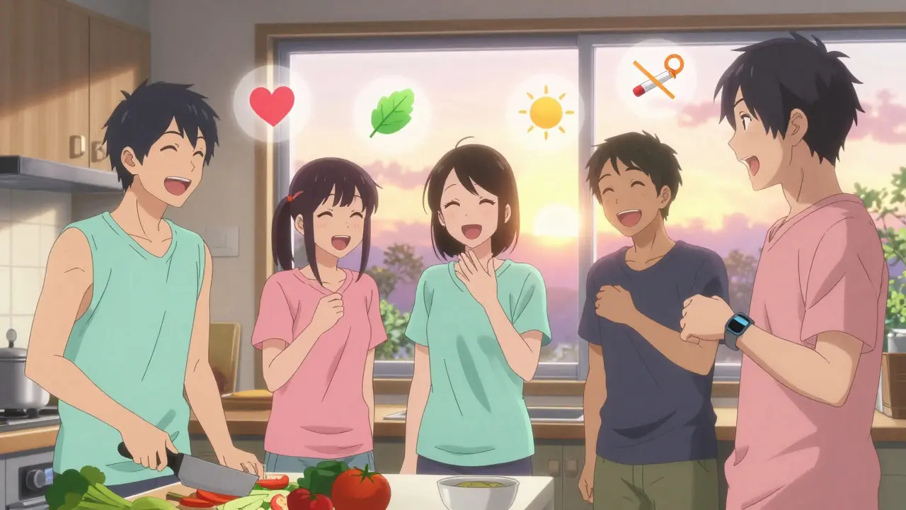 Friends in a kitchen preparing healthy habits with glowing symbolic icons above them.
