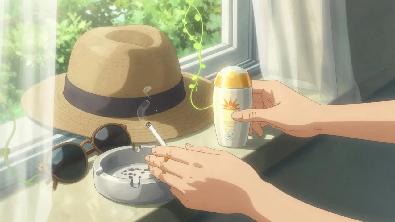 Hands crushing a cigarette and placing sunscreen on a windowsill with morning light.