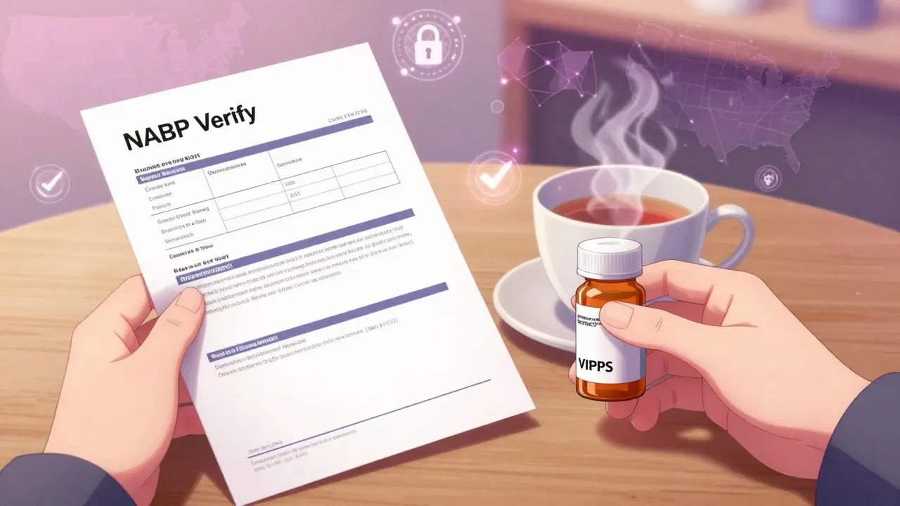 Hands place a verified prescription bottle with the VIPPS seal beside a printed NABP license report under warm lighting.