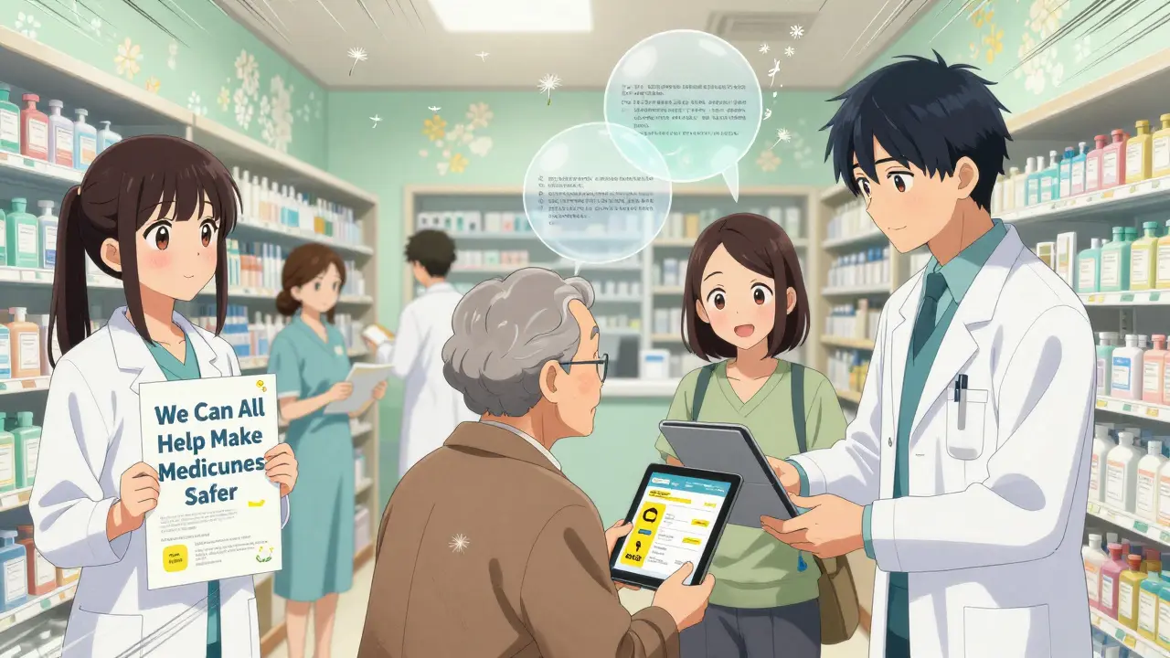 Healthcare workers and patients participate in #MedSafetyWeek at a pharmacy, using apps and posters.