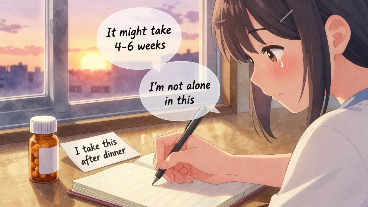 Patient writing in a journal at sunset, with soothing speech bubbles showing medication understanding.