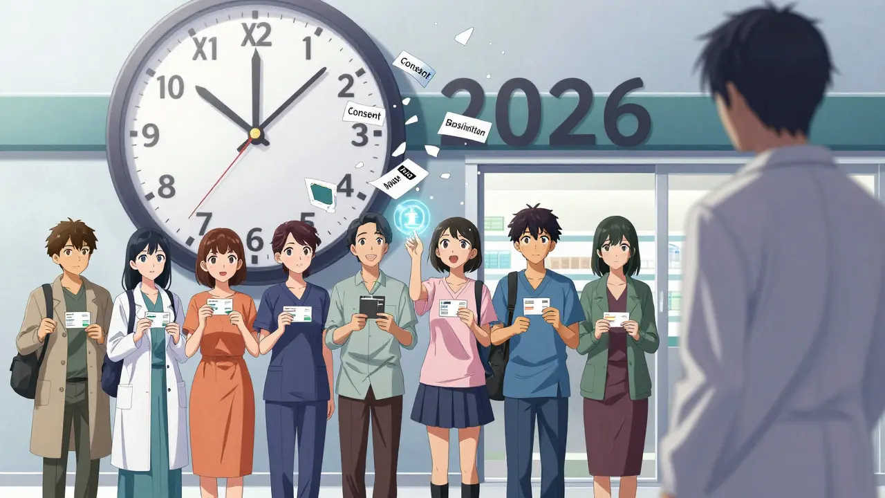 Patients stand in line as a clock ticks toward 2026, with legal terms falling like snow and a patient reaching for a health resource icon.