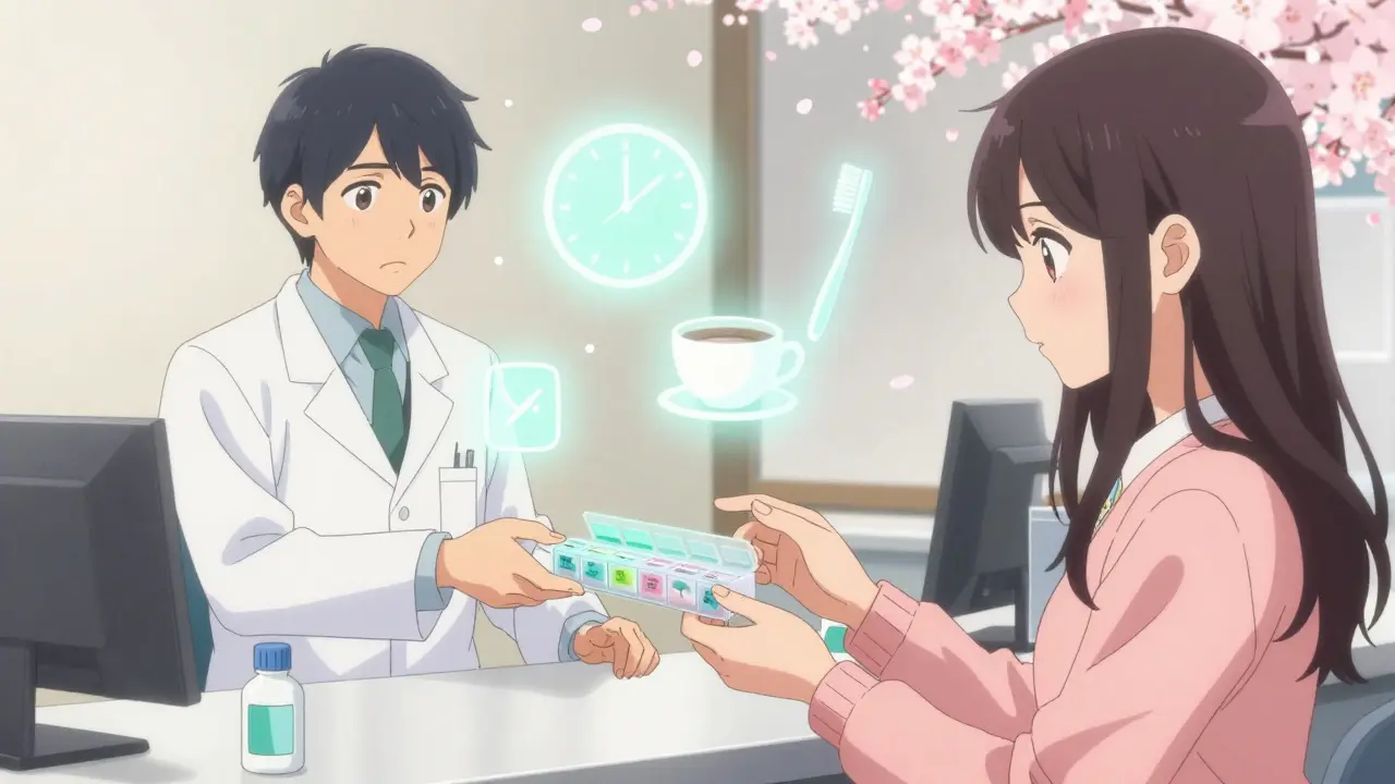 Pharmacist handing a pill organizer to a patient, with icons representing daily habits nearby.