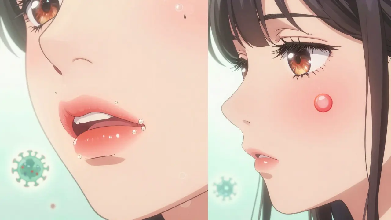 Side-by-side close-ups of a cold sore cluster and a single pimple with symbolic icons floating nearby.