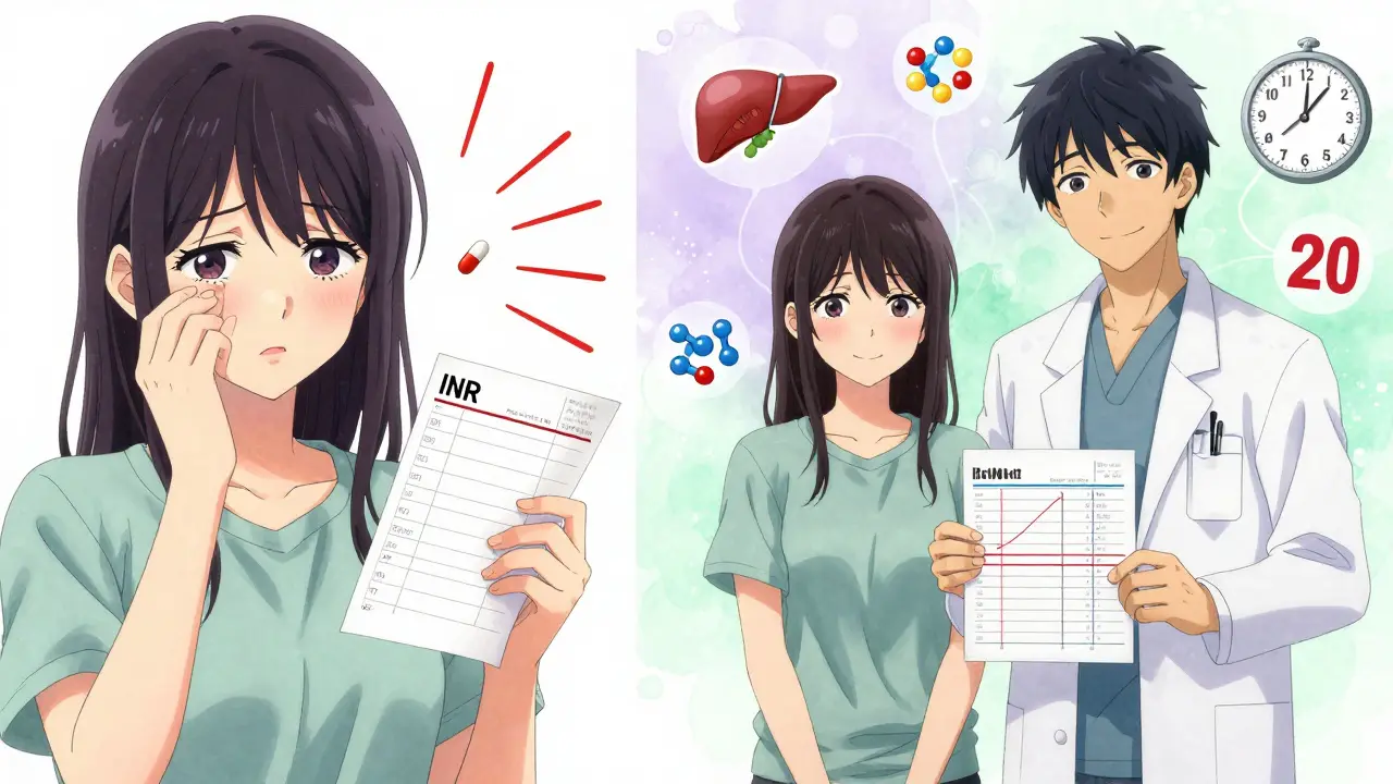 Split-panel scene showing a patient's emotional journey from unstable blood test to stable results with medical guidance.