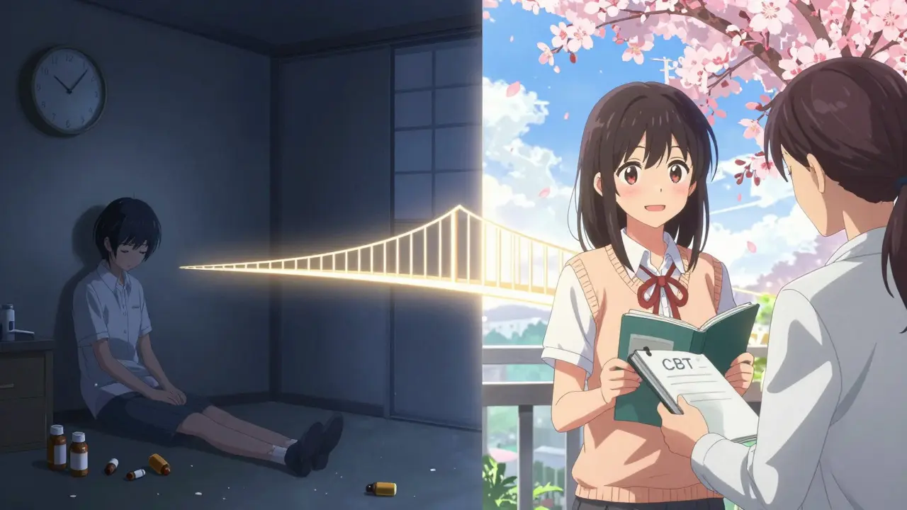 Split scene: a lonely teen in darkness contrasts with the same teen smiling in sunlight, connected by a glowing bridge.