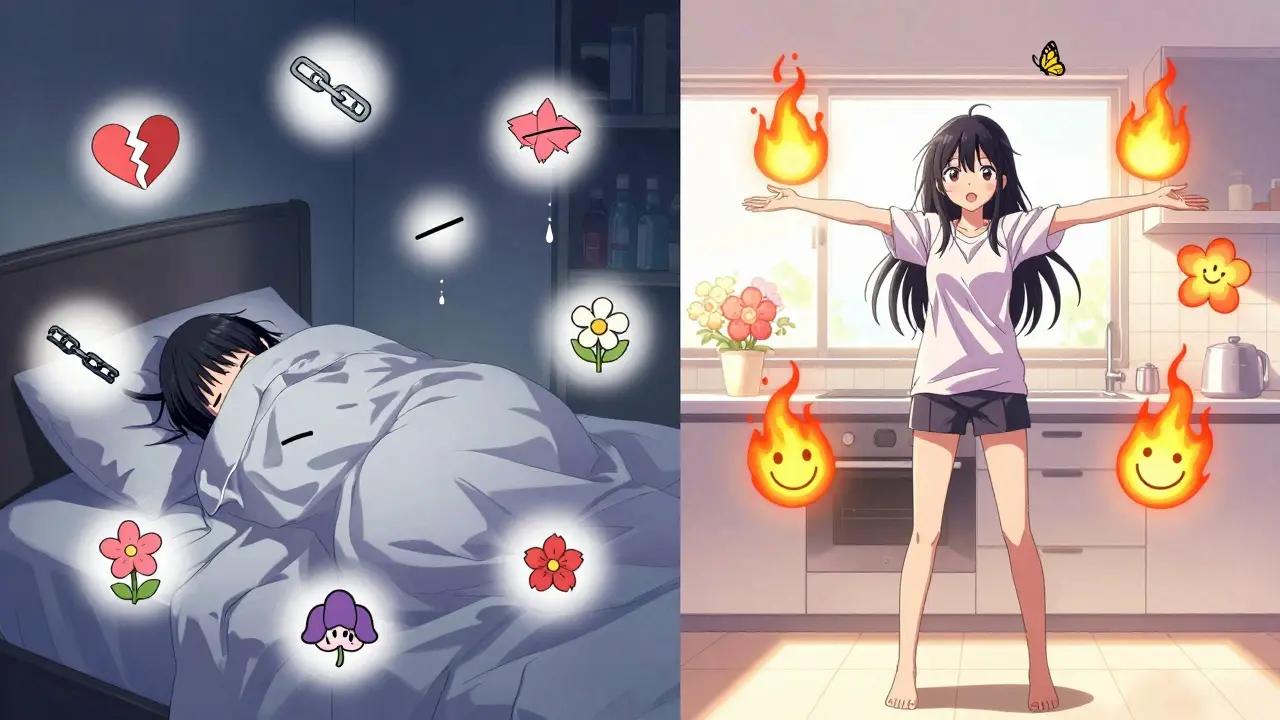 Split scene: one side shows a person feeling numb under blankets, the other shows them energized in sunlight with blooming symbols.