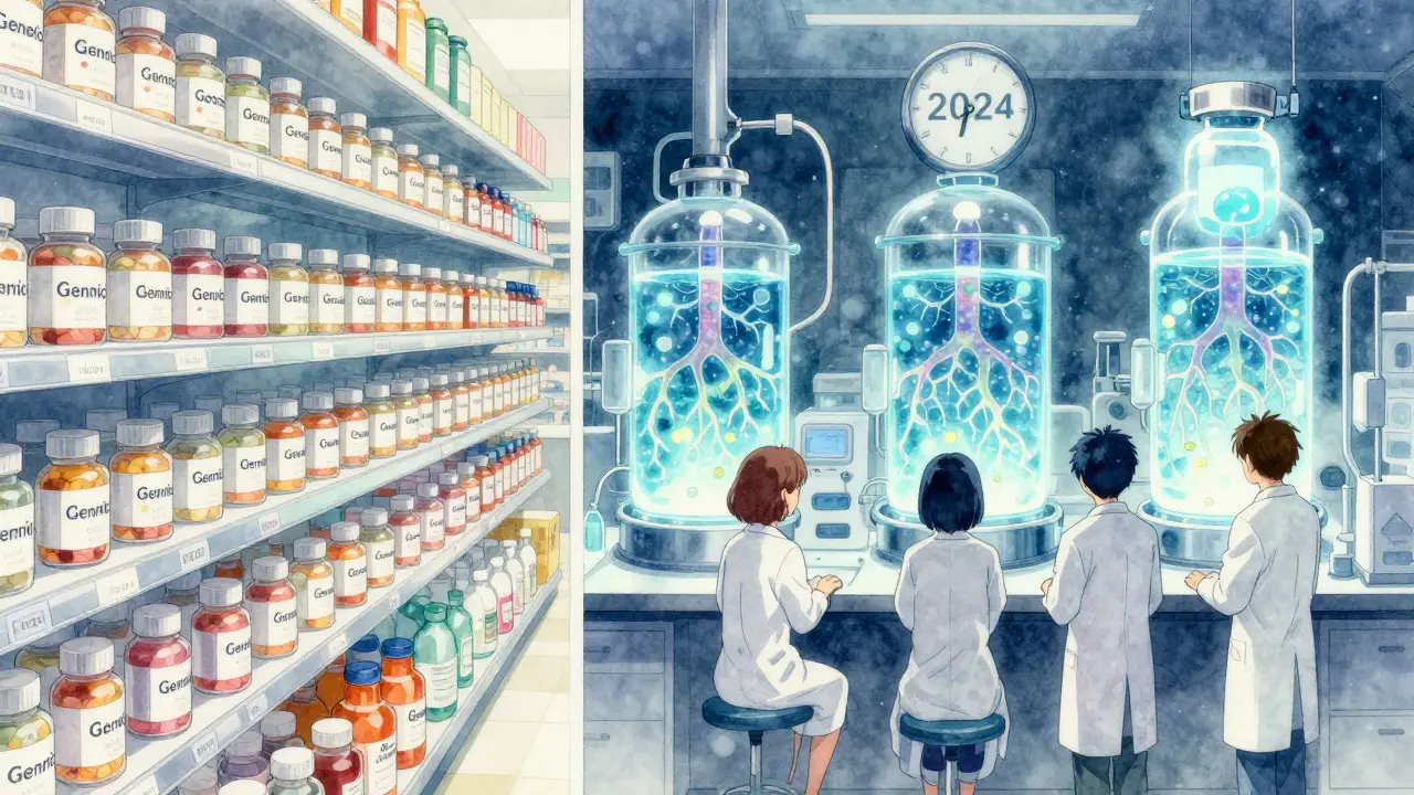 Split scene: rows of generic pills on one side, glowing bioreactors on the other, symbolizing drug development contrast.