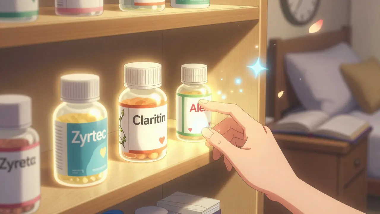 Three glowing antihistamine bottles on a shelf with floating hearts and calming blue sparkles.