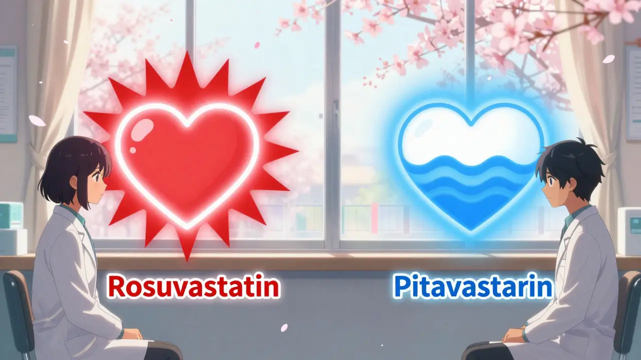 Two glowing heart icons contrast statin effects—calm blue for pitavastatin, red spikes for rosuvastatin—in a clinic setting.