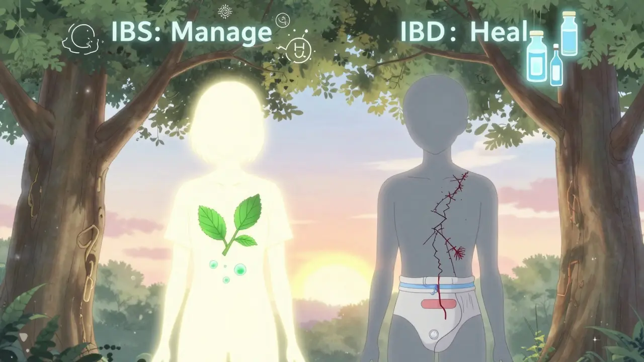 Two overlapping silhouettes representing IBS and IBD under a dual-pathway tree, symbolizing management and healing.