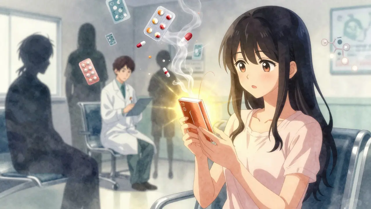 Woman holding a copper IUD as other birth control methods dissolve into smoke around her.