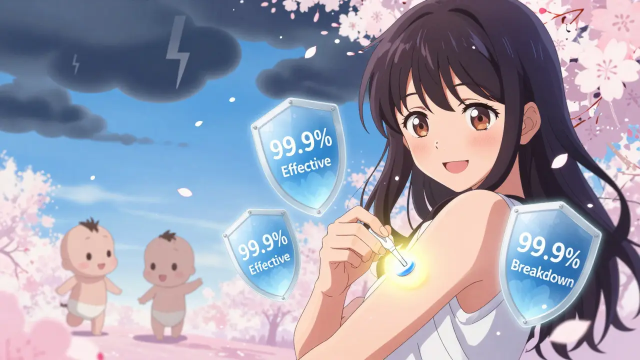 Woman receiving a Nexplanon implant, surrounded by protective symbols and a hopeful sky.