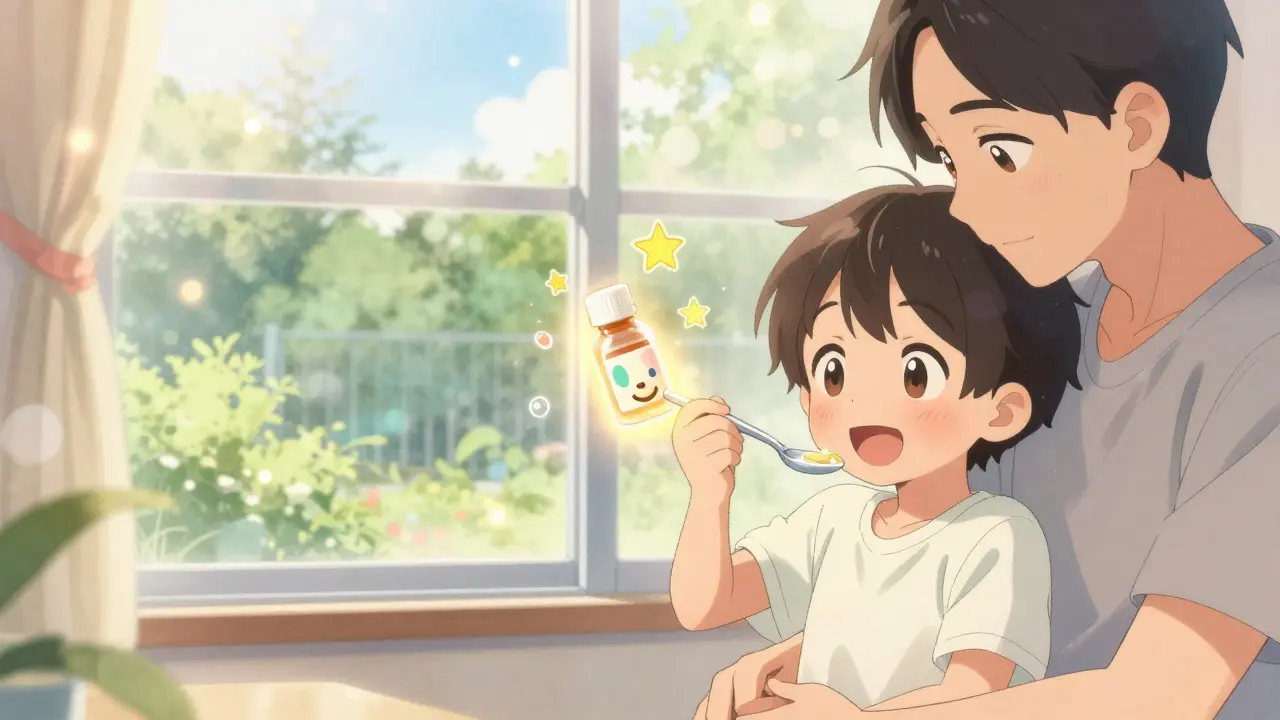 A child takes flavored liquid medicine with a parent watching warmly, glowing stars symbolize improved treatment adherence.