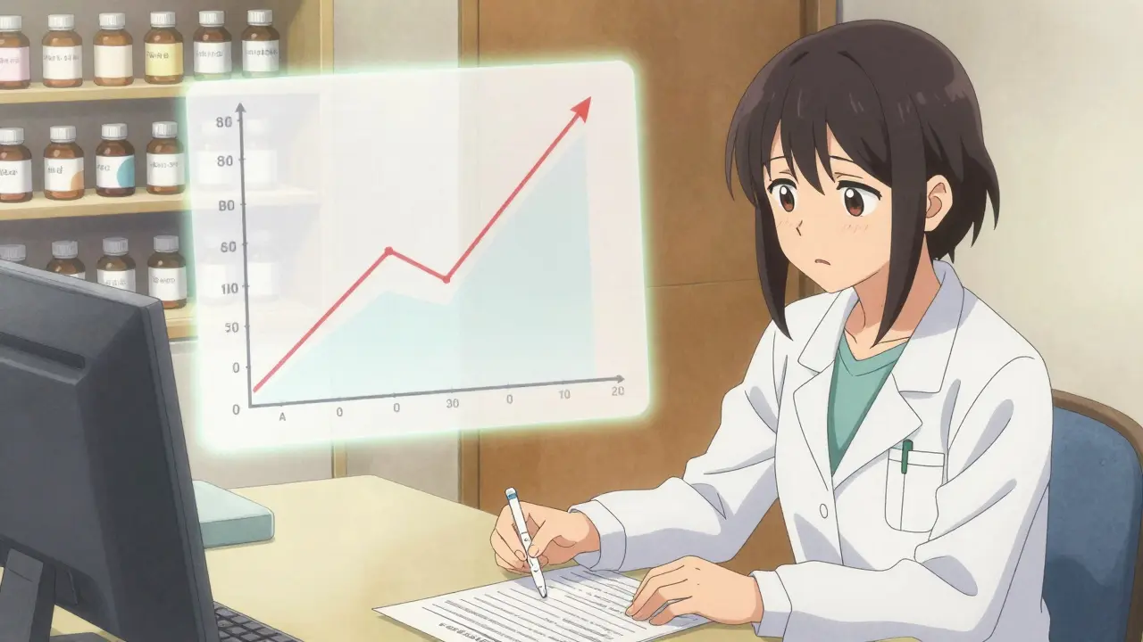 A doctor and patient at a clinic with a glowing TSH graph behind them, pill bottles on the table.