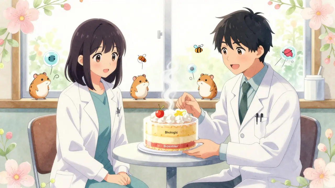 A doctor and patient examine two identical cakes labeled 'Biologic' and 'Biosimilar' in a sunlit clinic, with tiny cells working nearby.