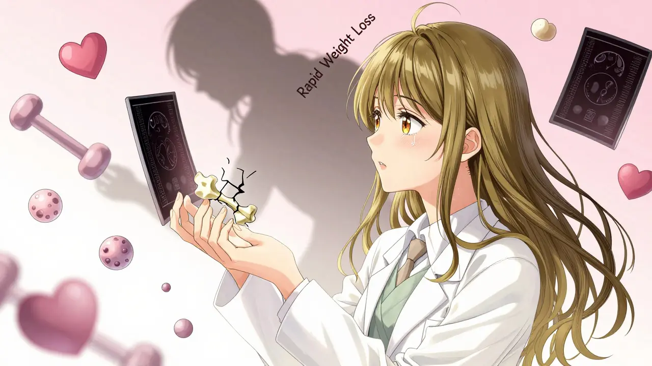 A girl holding a cracking bone shard surrounded by protein molecules and dumbbells, with a shadowy figure labeled 'Rapid Weight Loss' behind her.
