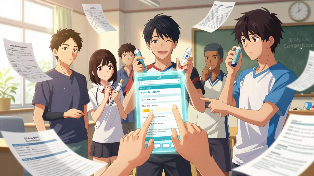 A group of athletes together submit a TUE application, surrounded by medical documents and glowing light, symbolizing their path to safe, legal medication use.