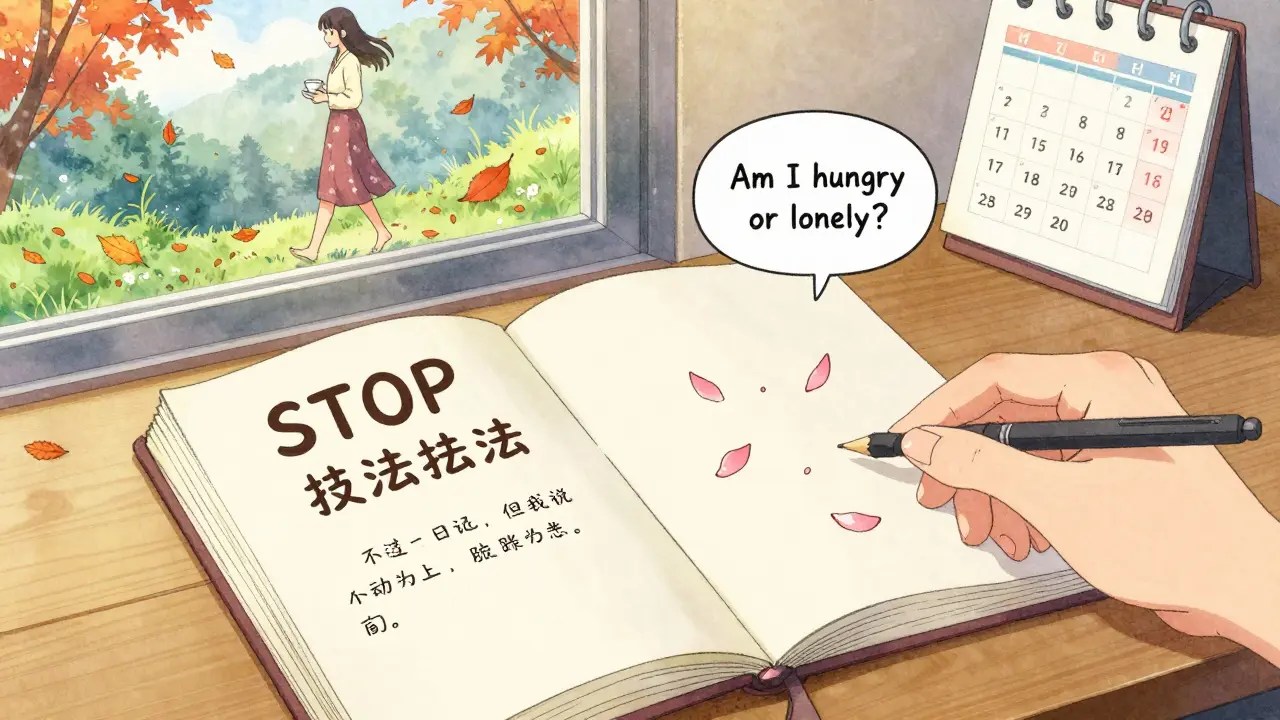 A journal open on a desk with the STOP technique written in ink, a woman walking outside as autumn leaves swirl around her.