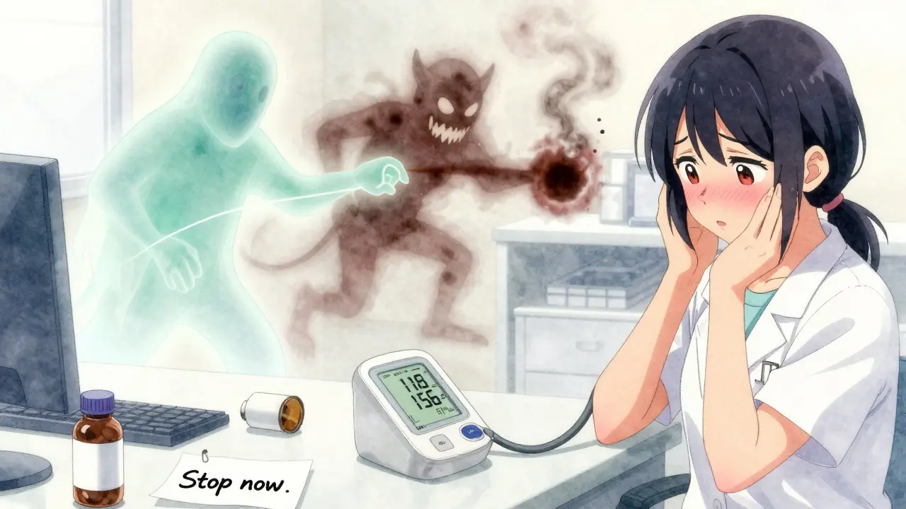 A patient in a doctor’s office with a blood pressure monitor showing wild fluctuations, as two opposing forces tug at them.