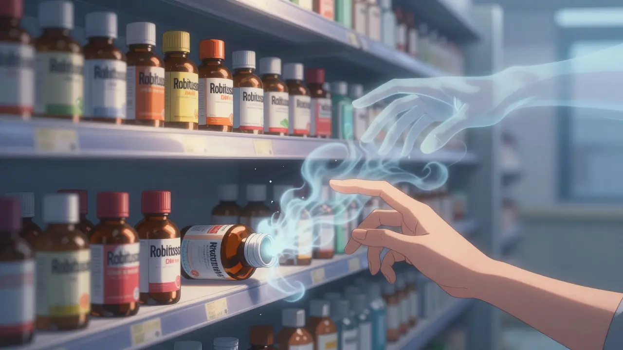 A pharmacy shelf with one cough syrup bottle spilling liquid that transforms into ghostly hands reaching for a hand.