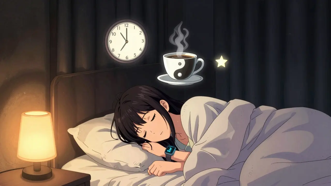 A sleep sanctuary with blackout curtains, a glowing circadian tracker, and symbolic floating elements like a frozen clock and melatonin pill.