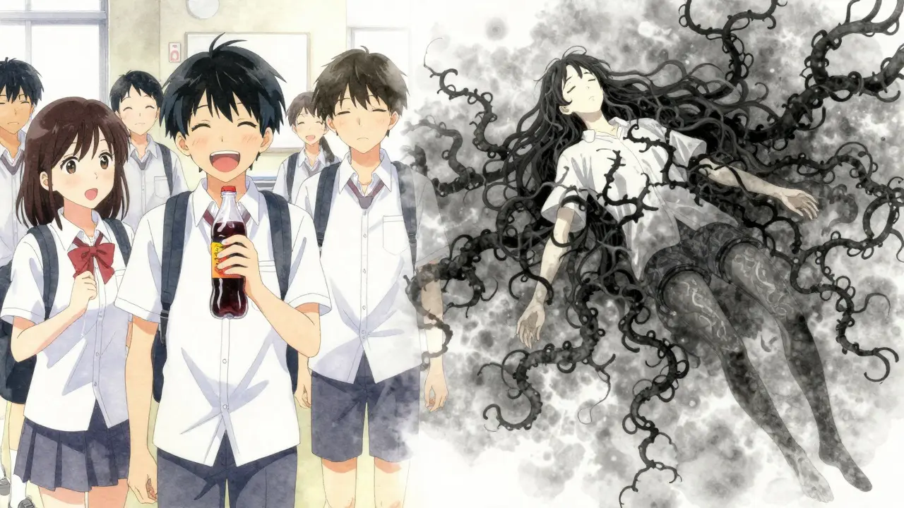 A teen in school laughs while holding a soda bottle; in the background, their soul floats free from their body.