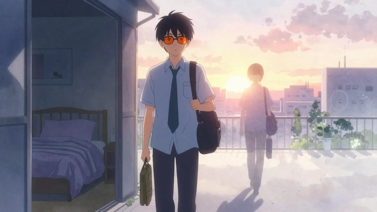 A worker commuting home at dawn with glowing orange glasses, their shadow splitting into two versions—one at home, one still at work.