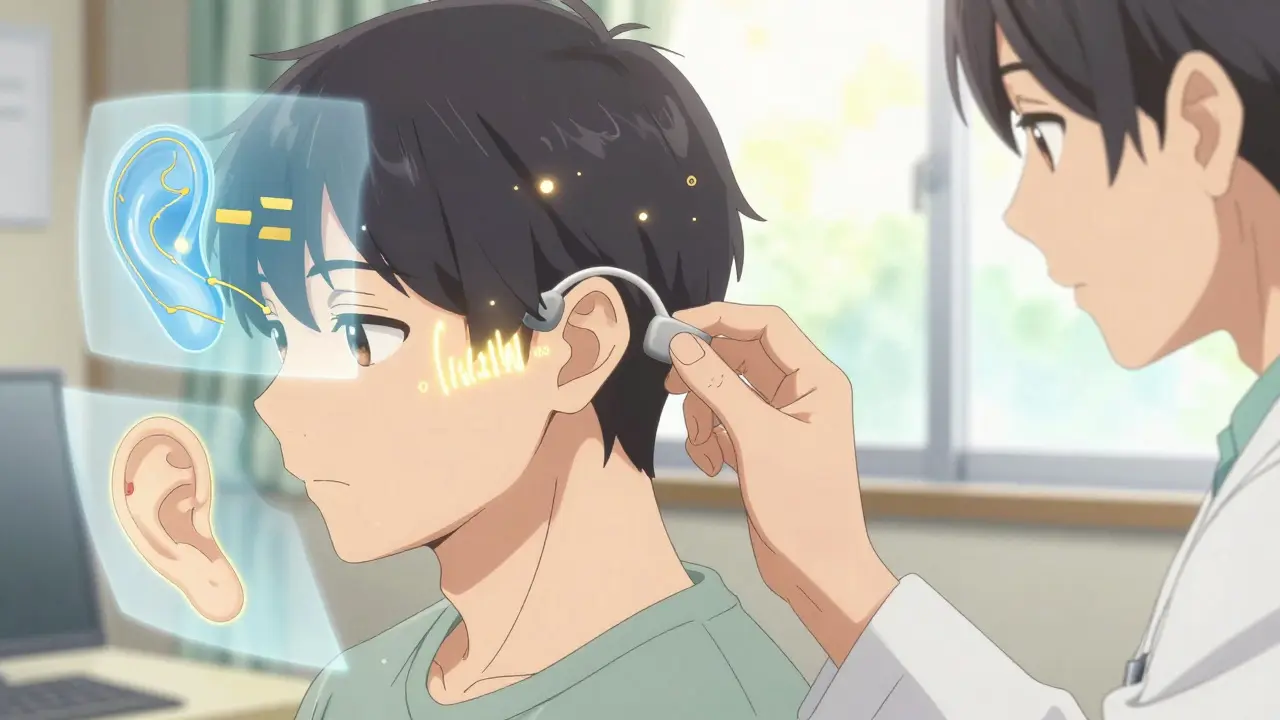 An audiologist placing a bone conduction device behind a patient’s ear, with floating diagrams of ear pathways.