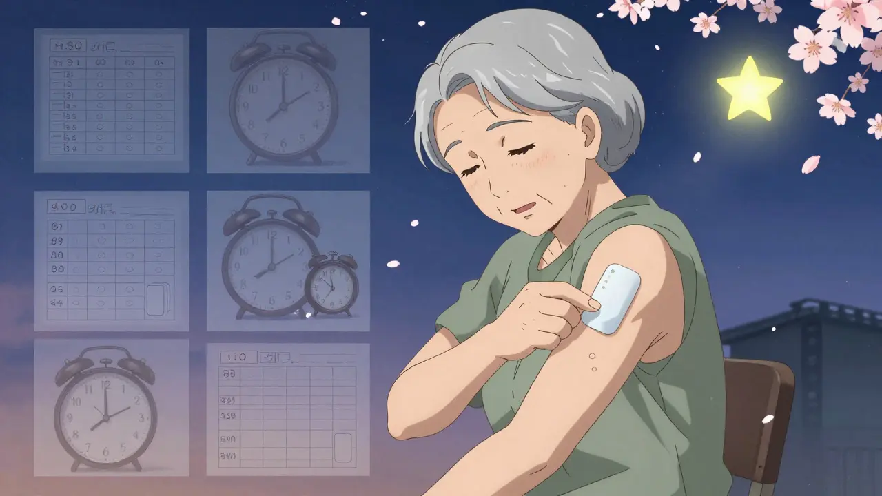 An elderly person applies a once-daily patch as clocks and alarms fade away, cherry blossoms represent regained time and peace.
