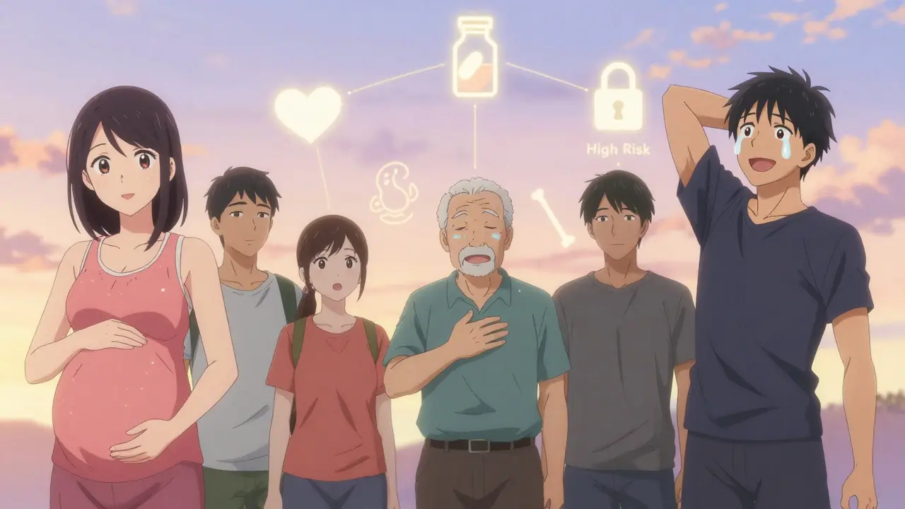 Diverse individuals with symbolic icons above them, connected to a pill bottle in a dreamy twilight scene.