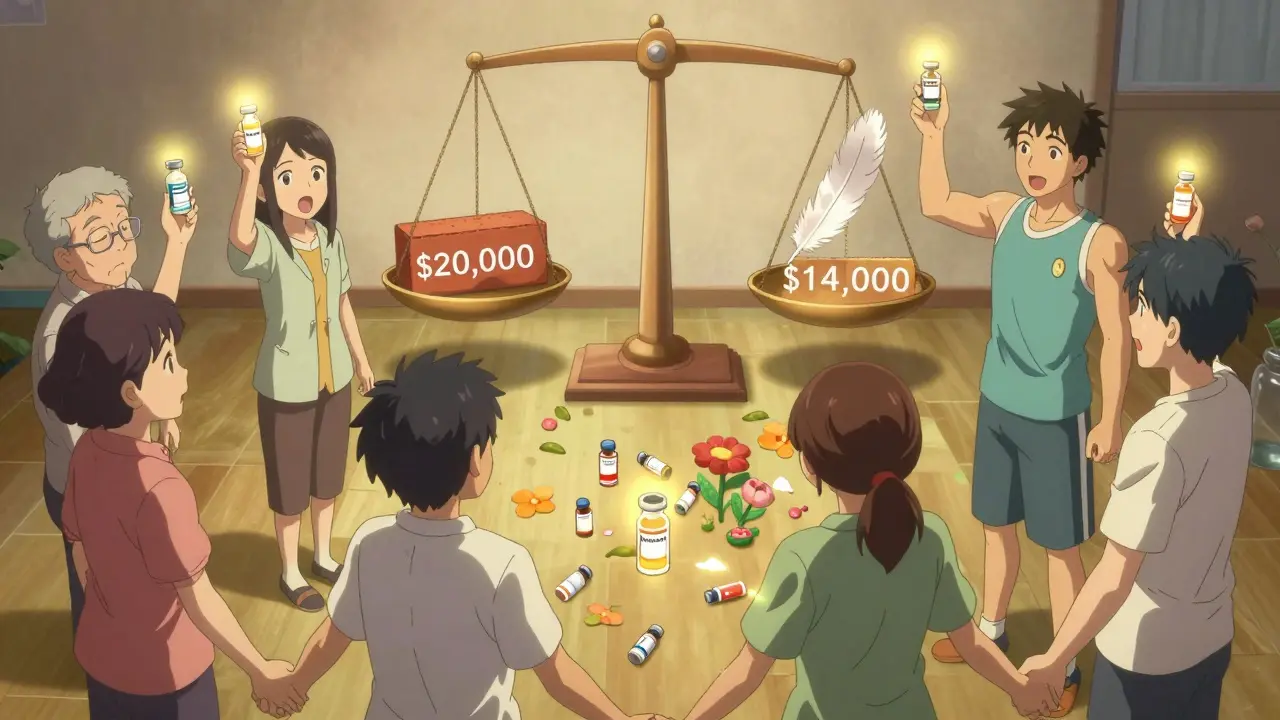 Diverse patients hold biosimilars that glow like originals, forming a circle as a scale shows cost savings with blooming flowers.