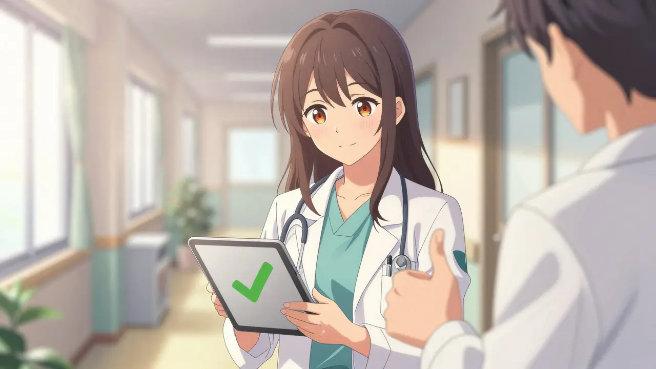 Doctor smiles at tablet with green checkmark while colleague gives thumbs-up