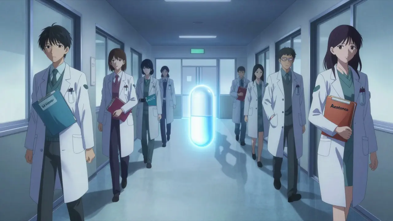 Doctors walking down a hallway with insurer-labeled folders, their shadows forming bureaucratic monsters, a cold blue generic pill glowing in the center.