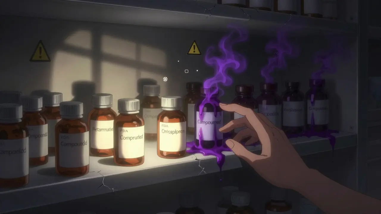 FDA-approved GLP-1 drug bottles glowing safely on a shelf, while dark, smoky counterfeit bottles loom nearby, hands reaching cautiously.