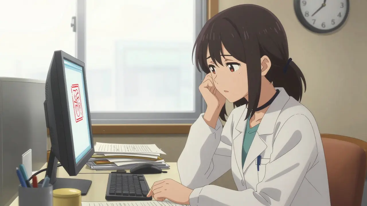 Female physician stressed at desk with paperwork and computer red stamp icon