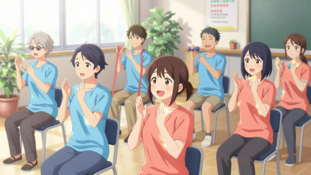 Group of seniors participating in a strength training class, smiling and supporting each other.