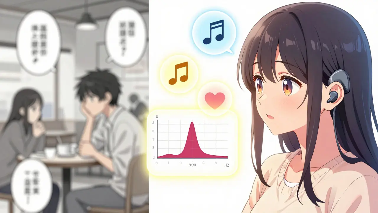 Split scene: one side shows confusion in noise, the other shows clarity with hearing aids and a personalized audiogram.