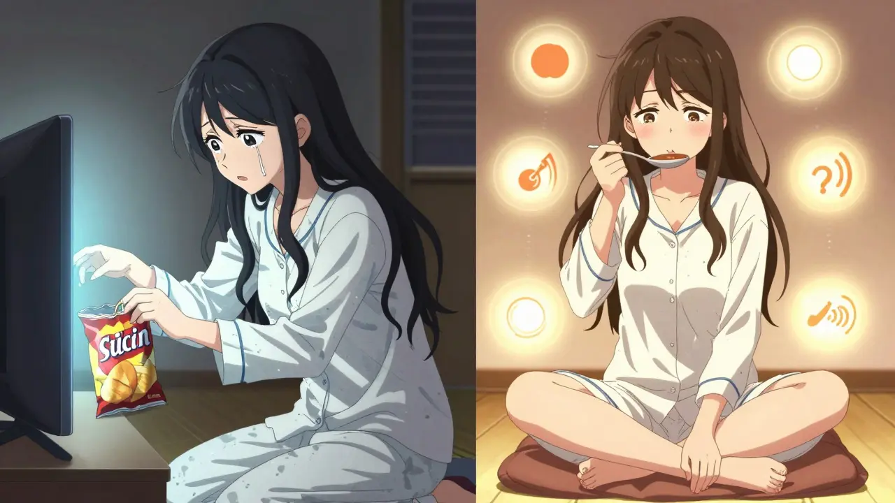 Split scene: one side shows emotional snacking in front of a TV, the other shows mindful eating with glowing sensory orbs.