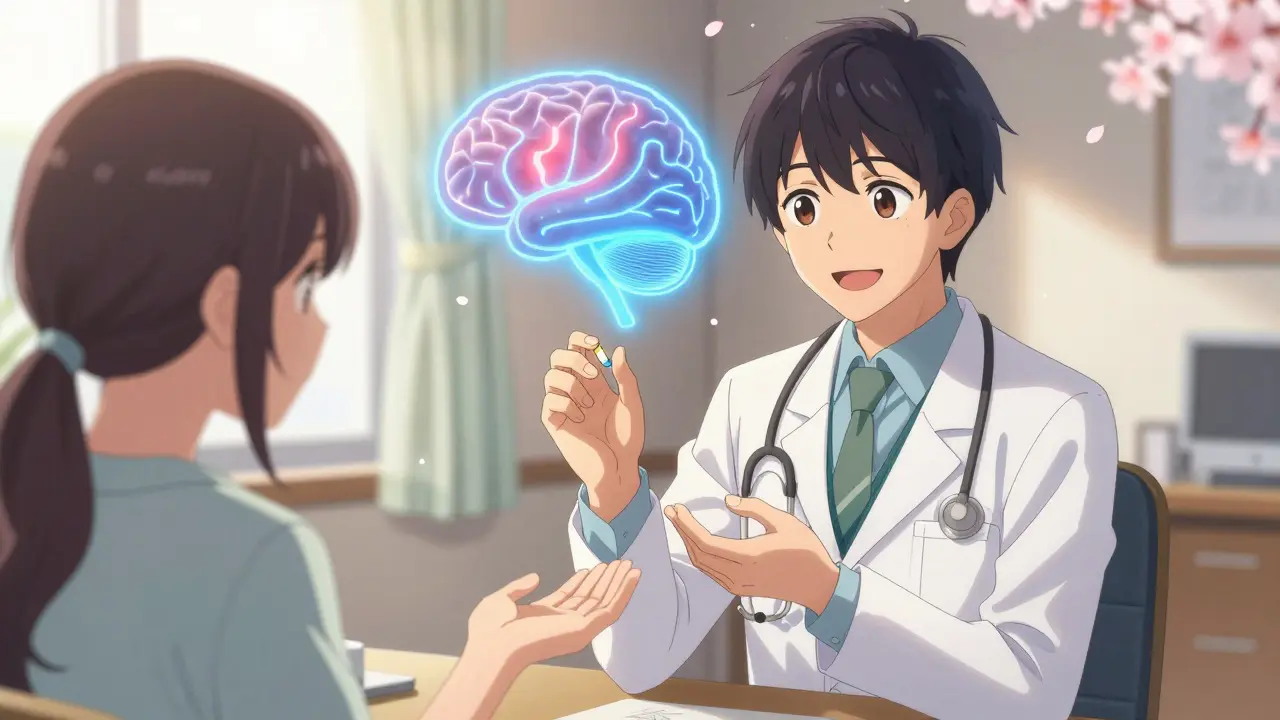 A compassionate doctor offers a generic pill to a patient, with a glowing brain diagram showing calm neural activity.